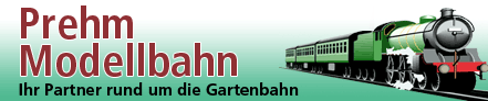 Logo von Prehm-Modellbahn. Hier gibt es nicht nur Lokfhrer als Figuren sonder viel mehr fr die Ausstattung der Gartenbahn.
