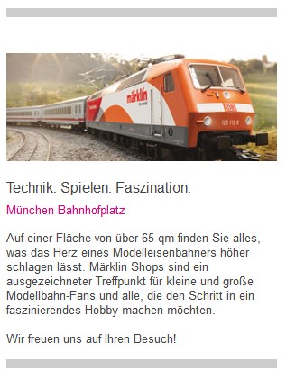 Ankndigung auf der Homepage von Karstadt Mnchen fr den 65 qm groen Modelleisenbahnladen der Herren Reinhold und Thomas Ott. 
