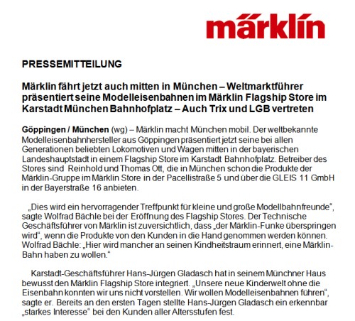 Pressemitteilung Oktober 2013 von Mrklin ber die Erffnung eines neuen Vorzeigegeschftes in Mnchen Karstadt, Bahnhofsvorplatz - download als pdf mglich