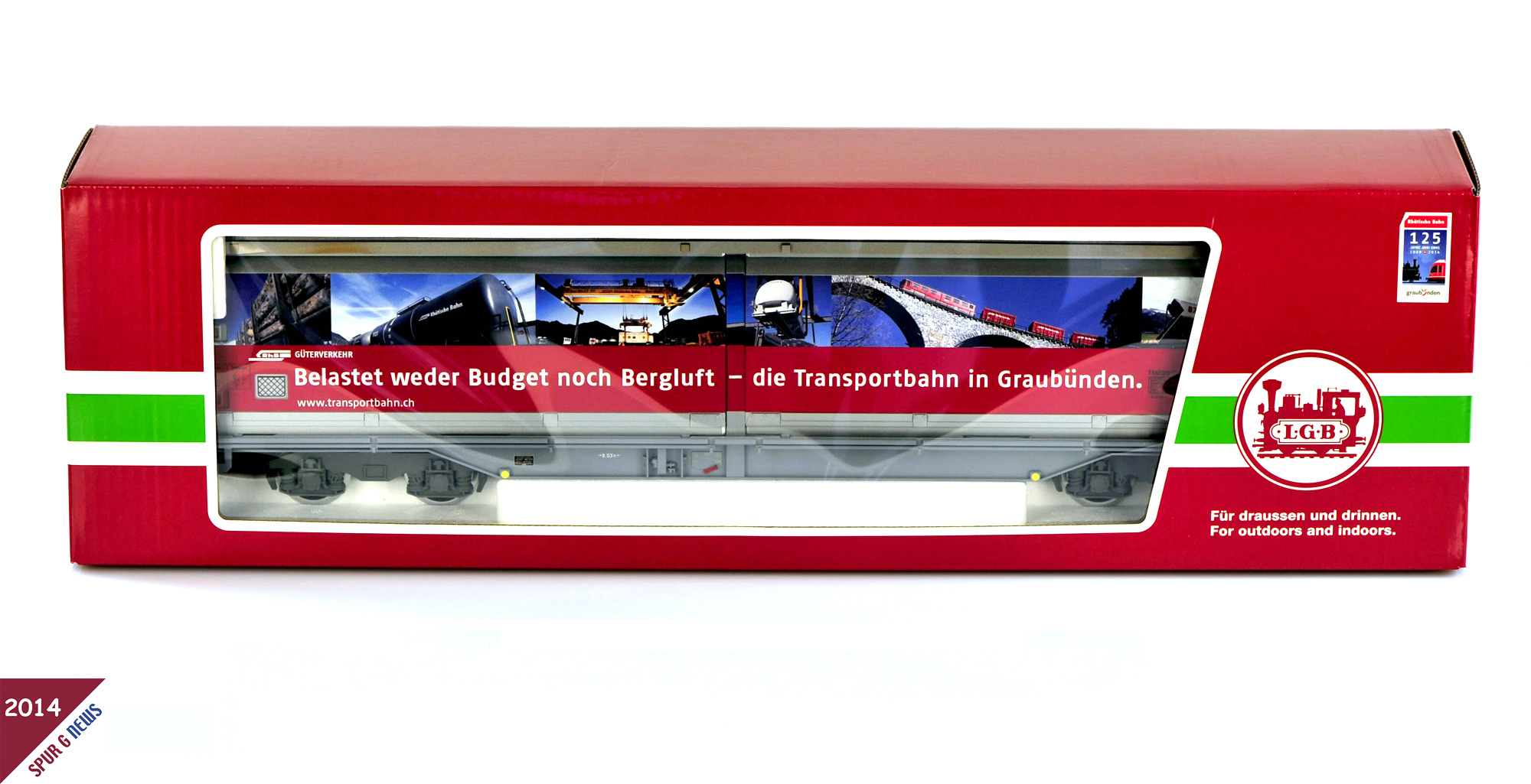 LGB Modell Art. Nr. 47572 - Schiebewandwagen der RhB mit bahneigener Werbung ber die Transportbahn in Graubnden. Den Schiebewandwagen von LGB, Art.Nr. 47572 wird es nur als einmalige Produktion im Jahr 2014 geben. 