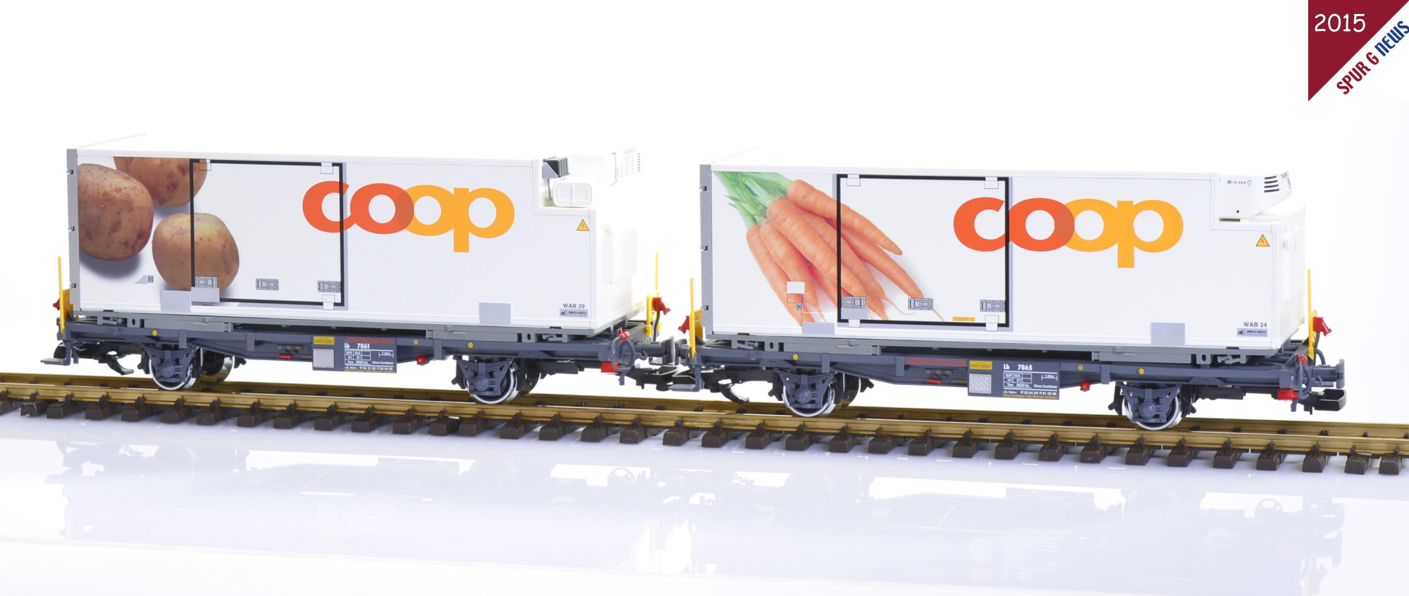 Neuheit von LGB 2015 - Containerwagen Set aus der coop Serie - Motiv: Kartoffeln und Gelbe Rben (Karotten)