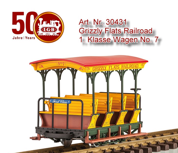 Modell des Aussichtswagens 1. Klasse der Grizzly Flats Railroad. Originalgetreue Farbgebung und Beschriftung. Die Rckenlehnen der Sitze knnen wie beim Vorbild umgeklappt werden, sodass die Reisenden immer in Fahrtrichtung sitzen. Metallradstze. Lnge 19 cm.
