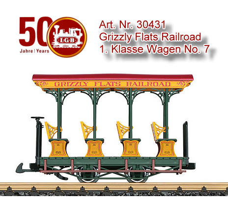 Modell des Aussichtswagens 1. Klasse der Grizzly Flats Railroad. Originalgetreue Farbgebung und Beschriftung. Die Rckenlehnen der Sitze knnen wie beim Vorbild umgeklappt werden, sodass die Reisenden immer in Fahrtrichtung sitzen. Metallradstze. Lnge 19 cm.