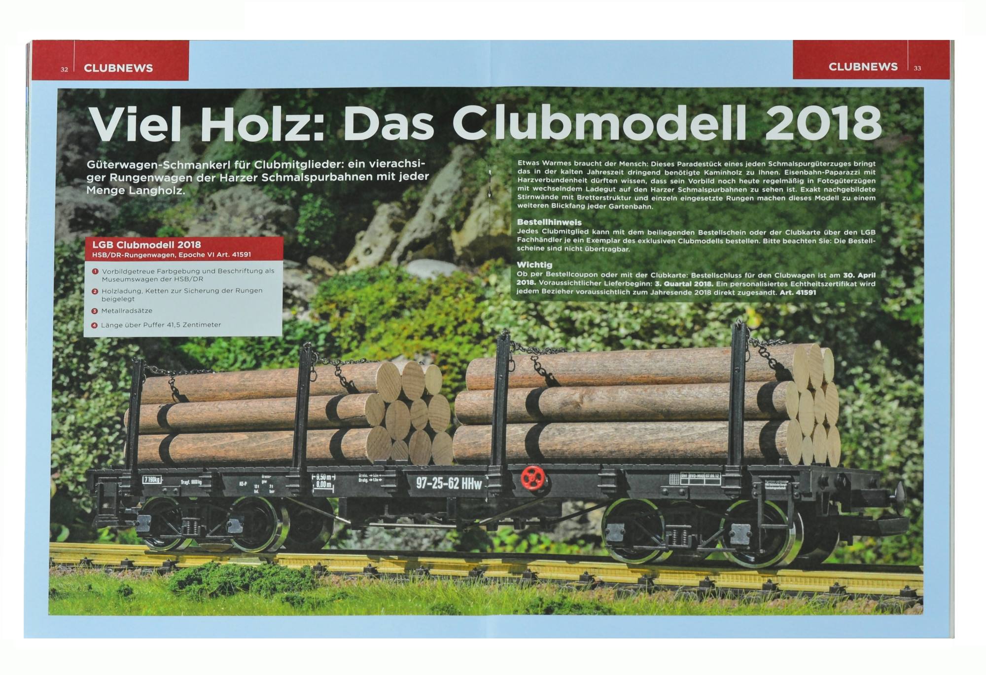 Viel Holz: Das Clubmodell 2018 - Gterwagen - Schmanker fr Clubmitglieder: ein vierachsiger Rungenwagen der Harzer Schmalspurbahnen mit jeder Menge Langholz als Ladegut. 