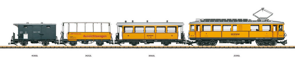 Bernina Triebwagen ABe 4/4 Nr. 30 - LGB 25392 mit 30563, RhB Barwagen C 114, 34252, RhB Aussichtswagen (Cabiro), 45302, RhB gedeckter Güterwagen