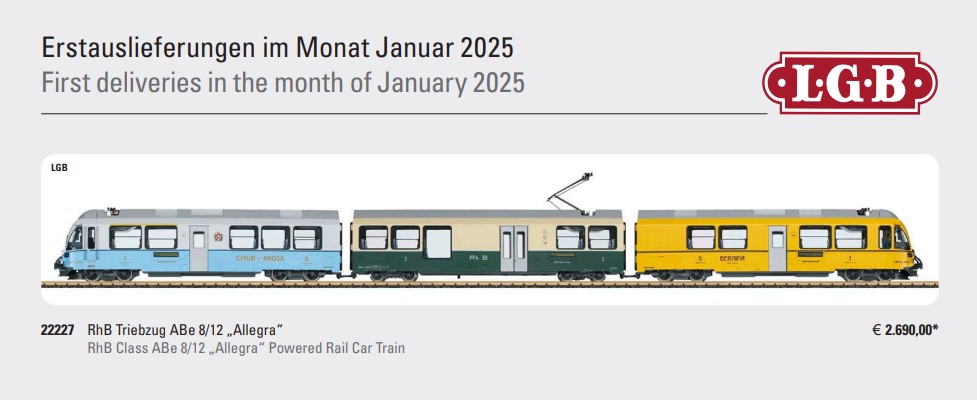 LGB Art. Nr. 22227 - Ahnenzug der RhB - Bald ist es soweit! Der auf der Spielwarenmesse 2024 als berraschung von LGB angekndigte Allegra "Ahnenzug" wird im Monat Januar 2025 ausgeliefert. Nachstehen unsere komplette Geschichte dazu! 