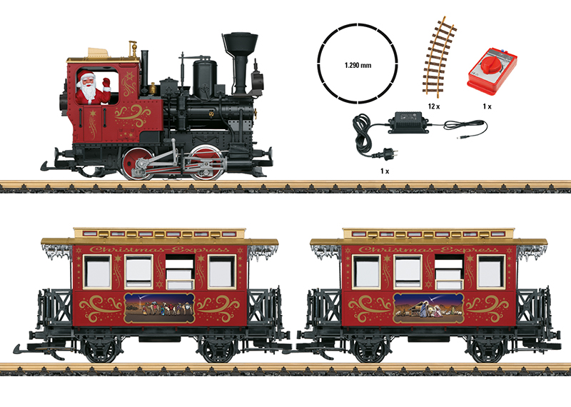 Dieses Startset enthlt einen Oldtimerzug bestehend aus einer Tenderlok und 2 Personenwagen in weihnachtlicher Gestaltung. Die Lok ist mit einem leistungsstarken Motor sowie Spitzenlicht und einem Raucheinsatz ausgerstet. Das Set enthlt zustzlich einen kompletten Gleiskreis, Stromversorgung und Fahrregler. Zuglnge 85 cm.