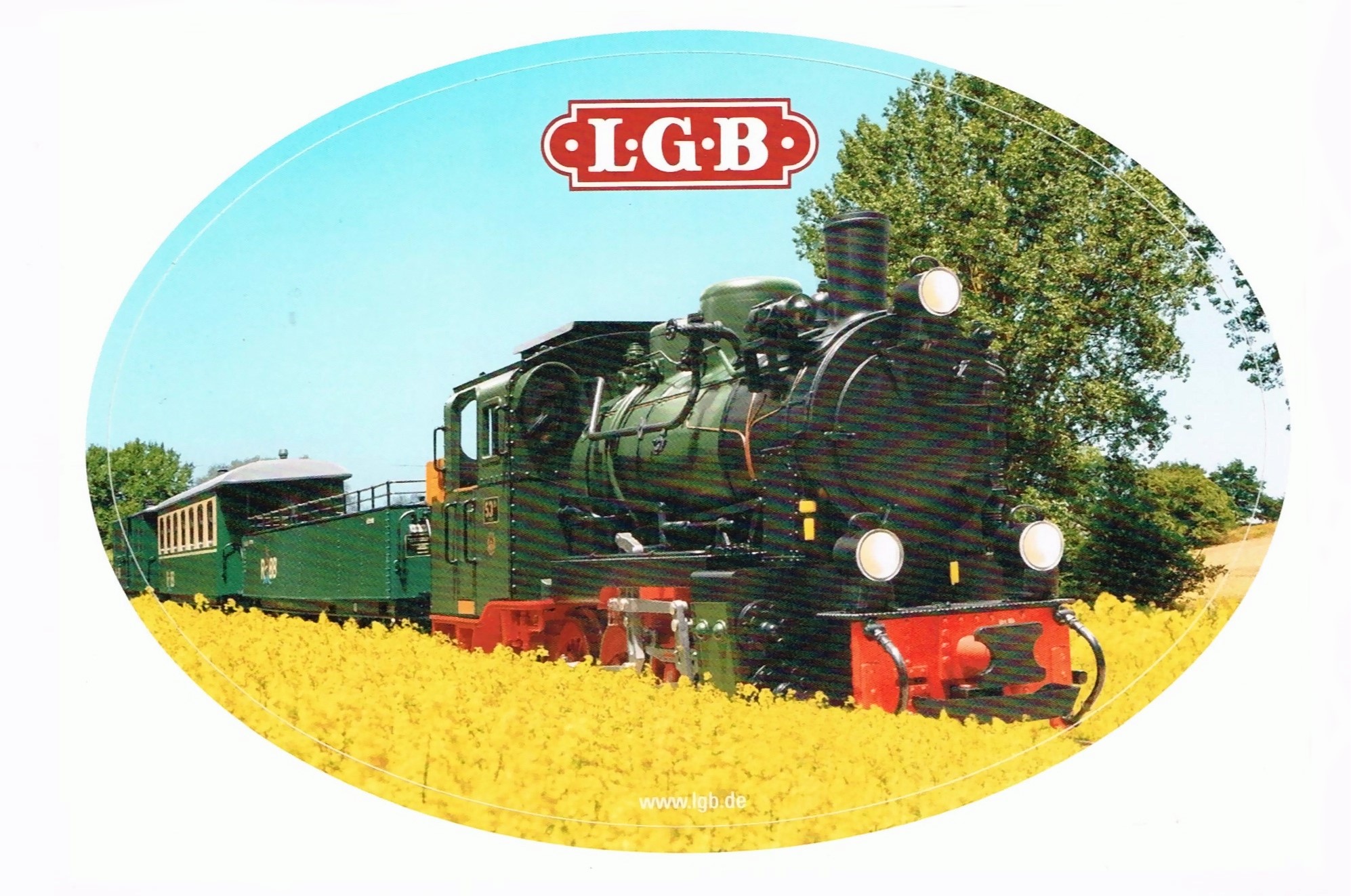 Aufkleber mit dem Motiv des RBB Zug mit der Dampflok und den Wagen. Das Bild ist auf dem Neuheitenprospekt Sommerneuheiten als Titelseite. 