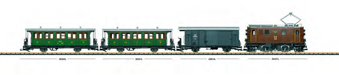 Vorbildgerechter Zug der RhB mit der Ge 2/4 222 - Neuheit 2025 Art. Nr. 24451. Gterwagen LGB Art. Nr. 43814, Personenwagen 30341 und 30342.