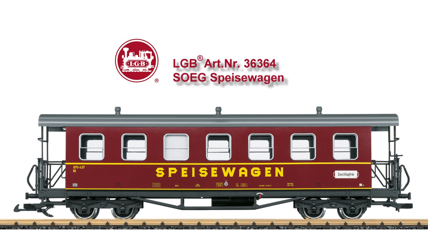 LGB Art. Nr. 36364 - Speisewagen SOEG - Modell des Speisewagens der SOEG (S�chsisch-Oberlausitzer Eisenbahngesellschaft). Aktuelle Farbgebung und Beschriftung der Epoche VI. T�ren an den Plattformen zum �ffnen, komplette Inneneinrichtung, dem Speisewagen angepasst. Metallrads�tze. L�nge �ber Puffer 58 cm.