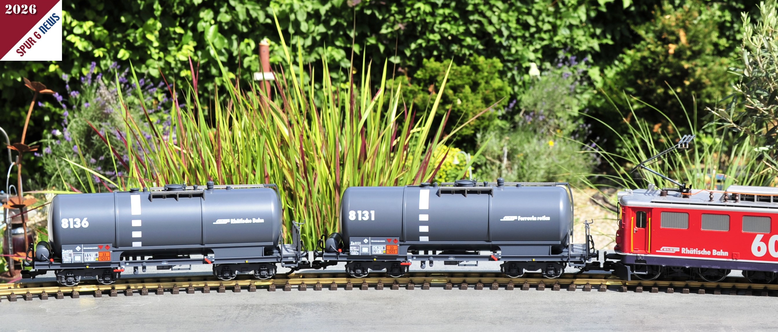 Spur G - Art.Nr. 47835 So k�nnte es im Betrieb bei der RhB ausgesehen haben. Ge 6/6 II - Modell LGB Art. Nr. 22061 - 60 Jahre und 60 Millionen Kilometer, Neuheit aus 2019, mit den beiden Kesselwagen, Neuheit 2026. 