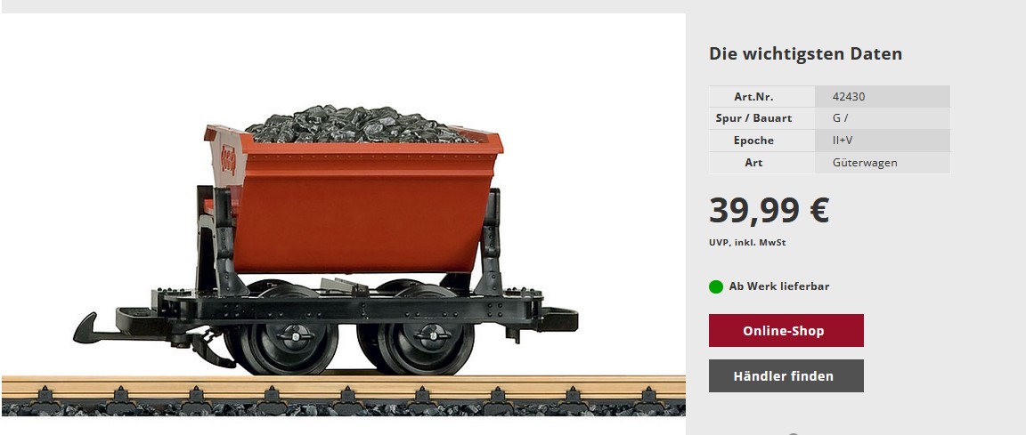 Originalausschnitt auf der LGB Seite: LGB Kipplore mit Beladung 42430