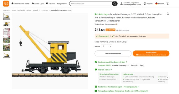 Bei einem H�ndler auf der TEMU Plattform kostet der Kranwagen von LGB - Art. Nr. 40043 das 2,54 fache vom UVP! 