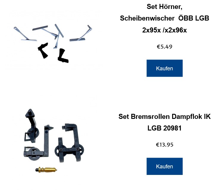 Ersatzteile fr BB LGB Loks der Artikelnummern 2x85x und 2x96x. Auch fr die IK - LGB Dampflok - sind bei MTS-Line Bremsrollen und Dampflokpfeife erhltlich. 