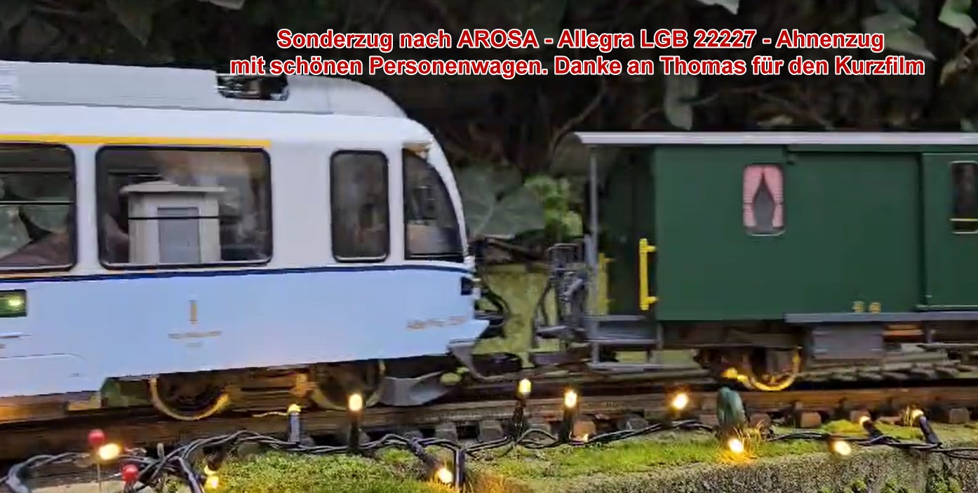 Video 2: RhB ALLEGRA "Ahnenzug" - LGB Art. Nr. 22227 - hier als Fahrt nach AROSA mit RHB Gepckwagen D 4032, Personenwagen C 2012, Personenwagen C 2010 und Bernina Personenwagen C 104. 