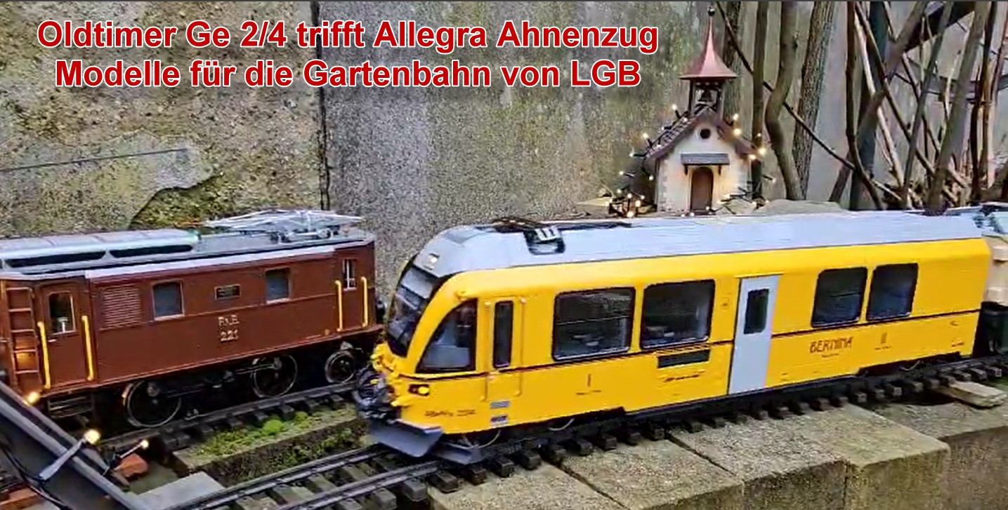 Video 3: RhB ALLEGRA "Ahnenzug" - LGB Art. Nr. 22227 - hier: Oldtimer Ge 2/4 tirfft auf Ahnenzug mit vierachsigem Personenwagen 1./2. Klasse, zwei vierachsigen Personenwagen 2. Klasse und einem Aussichtswagen. 