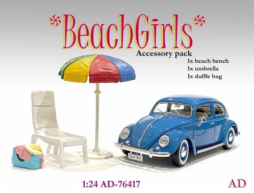 Zubeöhr Strand, Zubehör für die Beach Girls, Sonnenliege, Sonnenschirm, bunter Sonnenschirm, Tasche mit Kleid und Hut, American Diorama, Art. Nr. 76417, 