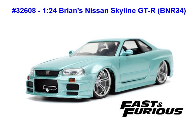 Unter der Artikelnummer 32608 kommt von Jada®  der mintgrüne Nissan Skyline GT-R (BNR34)  aus der Serie FAST & FURIOUS auf den Markt. Diesmal ohne Heckflügel und in der außergewöhnlichen Farbe. Den Wagen gibt es in silber-blau mit Heckflügel unter GT-R (R34) bereits im Handel. 