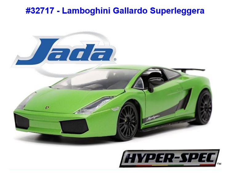 Unter der Artikelnummer 32717 kommt von Jada® der giftgrüne Lamborghini Gallardo Superleggra aus der HYPER-SPECTM Serie. Produktionszeitraum war März 2003 bis Ende 2013. Der Supersportwagen wurde nach einem Zückter des aus dem 18. Jahrhunderts stammenden Kampfstier benannt. Motoren 5-5,2 Liter mit 368-419 KW. 
