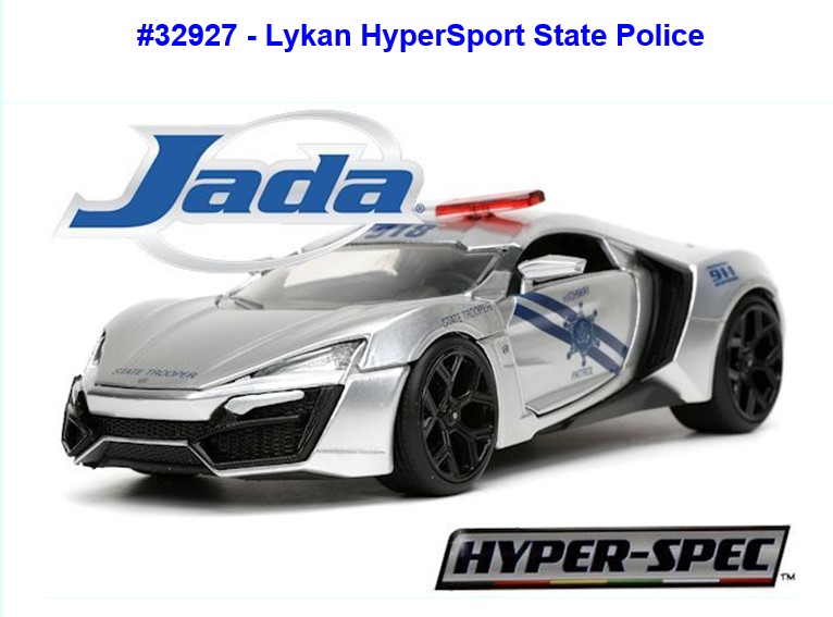 Unter der Artikelnummer 332927 kommt von Jada®  der silberne Lykan HyperSport in der Ausführung der Highway Patrol / State Police aus der HYPER-SPECTM Serie auf den Markt. LightBar auf dem Dach in blau/rot darf hier nicht fehlen. Das ist jedoch was für die US-Bahner unter den Gartenbahner. 