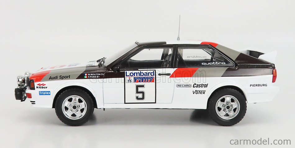 Audi A1, Audi Quattro, Audi Nacht Version, Zweiter Platz Rally Lombard, RAC Lombard, 1982, M. Mouton, F. Pons, weiß-rot-grau-schwarz, Startnummer 5, IXO Models, 1:24 