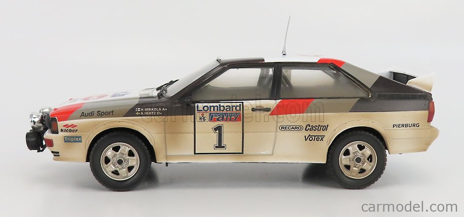 Audi A1, Audi Quattro, Audi Nacht Version, Gewinner Rally, RAC Lombard, 1982, H. Mikkola, H. Herzt, weiß-rot-grau-schwarz, Startnummer 1, IXO Models 