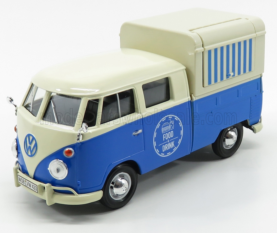 Volkswagen, T1 Doppelkabine, Pick-Up Aufbau, Food Truck aus dem Baujahr 1962, Farbe blau wei. 
