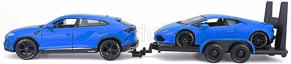 Lamborghini - Urus 2018 in blau mit Anhänger, beladen mit: Huracan LP 640-4 Performante 2017 - Maisto 32753