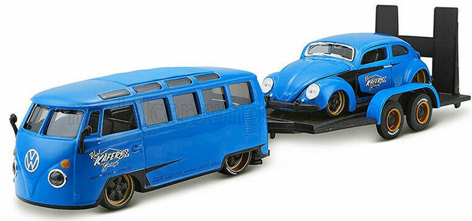 Volkswagen - T1 Samba Minibus 1962 Umbau mit VW Käfer Maggiolino aus 1955 mit Anhänger. Blau und schwarzer Anhänger - Maisto 32752