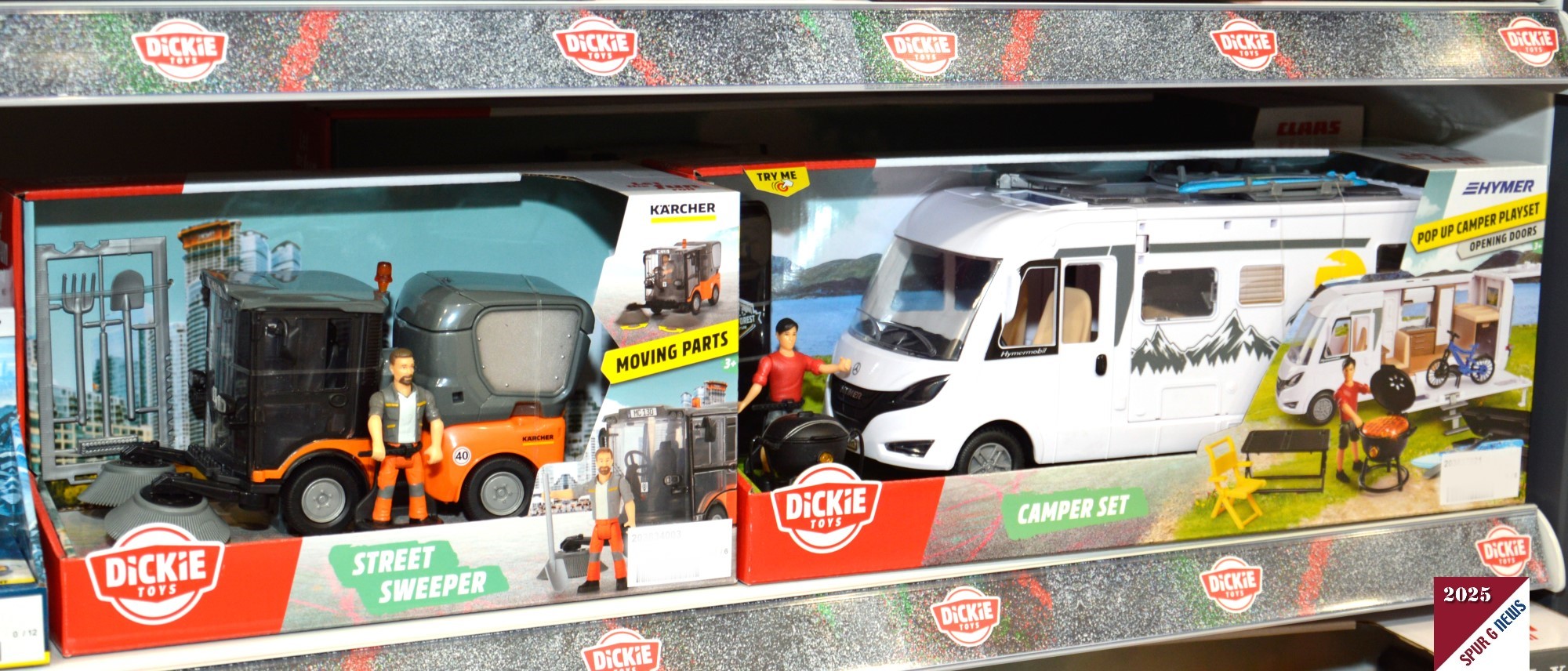 Schon lnger im Sortiment von Dickie Toys. Kehrmaschinie mit Figur und Arbeitsgerten. Wohnmobil von Mercedes als Hymermobil mit Campingausrstung, Grill, Figur, Fahrrad. Beides passend zur Gartenbahn. 