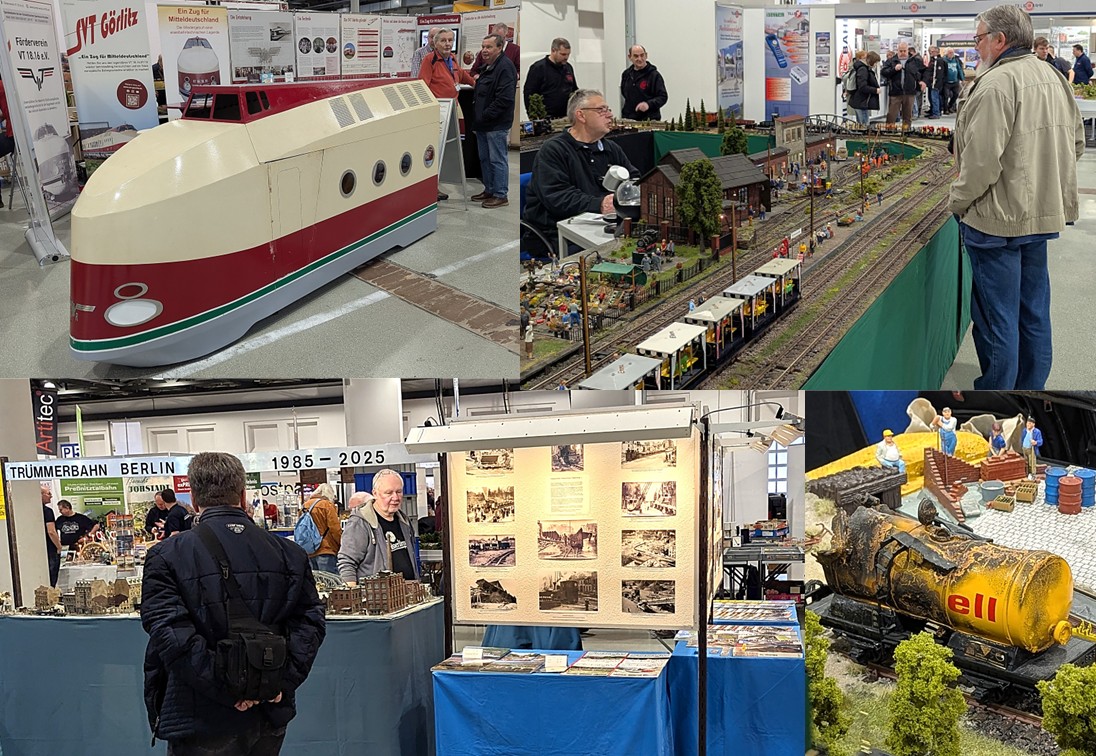 Es sind wieder alle Spurweiten auf der Messe in Dresden vertreten. Einige Eigenbauten stechen heraus.  -  Bild oben rechts: Die Modellbahnfreunde "LGB Norddeutschland" mit Ihrer Anlage. 