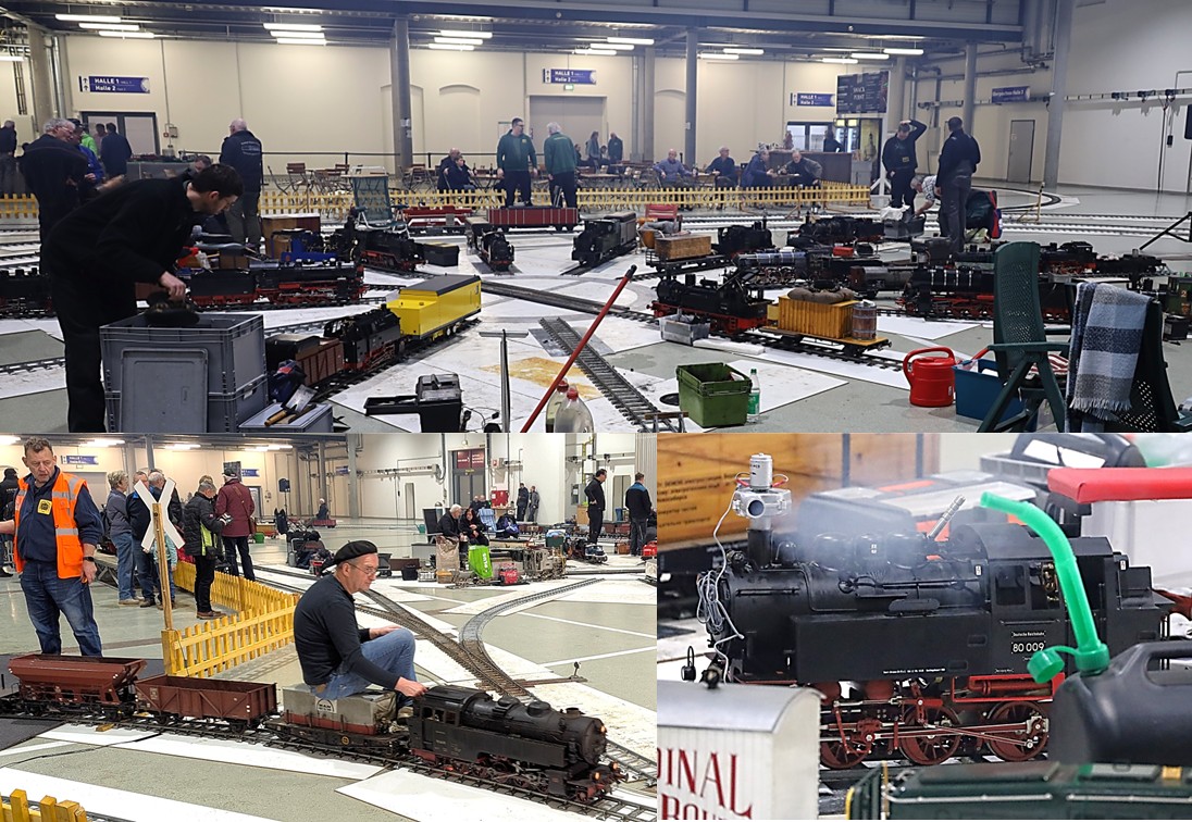 "Der blaue Dunst" in der Halle mit den 5 un 7 1/4 Zollbahner. Livesteam zum Mitfahren. 