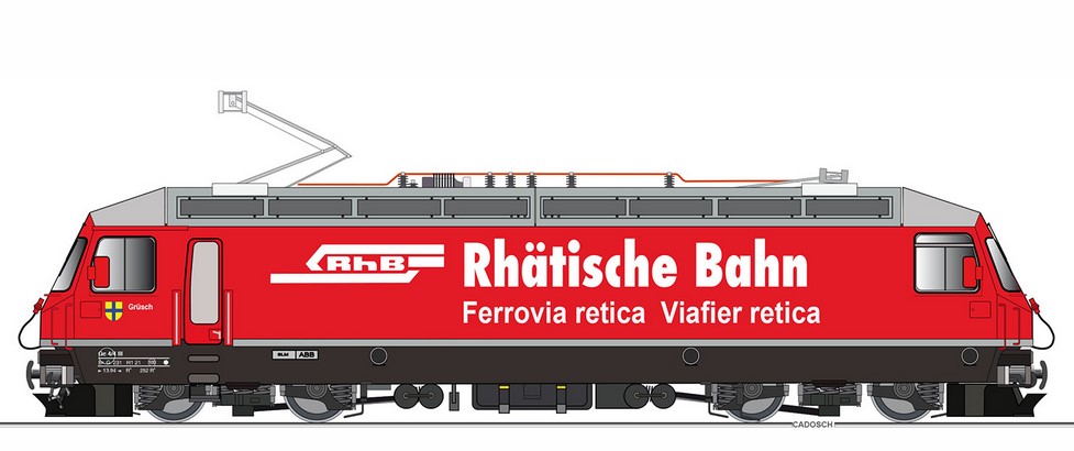 KISS Modellbahnen, Art. Nr. 610096, Lok.Nr. 647, Lokname: Grsch, Herstellerschild: SLM/ABB, Farbe rot, Werbung: Rhtische Bahn, Ferrovia retica, Viafier retica