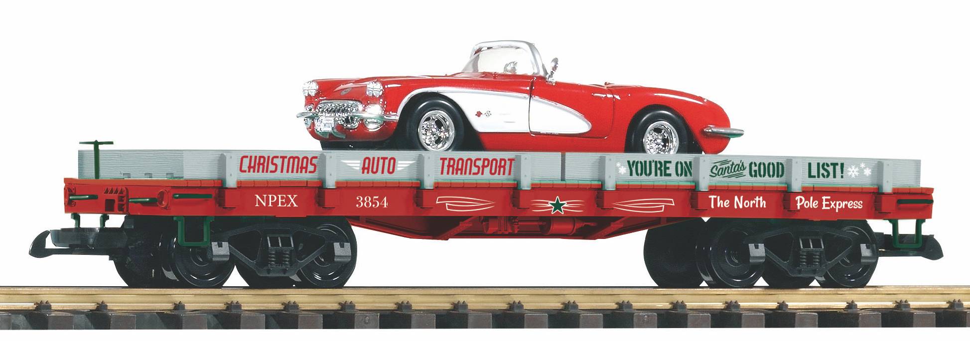 PIKO 2018 - Autotransportwagen - Art.Nr. 38761 - Beladen mit rot / weier Corvette. Bedruckung des Wagens zu Weihnachten ist eine berraschung von PIKO