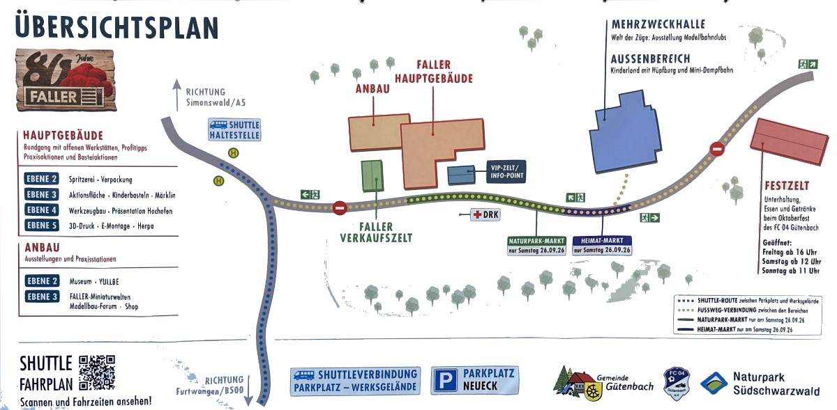 Direkt am Werk von Faller in G�tenbach konnte nicht geparkt werden. So war an den Parkpl�tzen der �bersichtsplan aufgestellt. Hier konnte der Besucher sich die einzelnen Geb�ude und Stationen auf den Geb�udeebenen ansehen. 