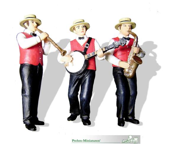 Dixie-Band mit Klarinettenspieler, Banjospieler und Saxophonist.