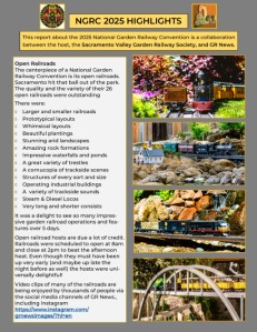 Bericht ber die nationale Gartenbahnausstellung 2025 der Sacramento Valley Gardenrailway Society und den Garden Railroading News.   