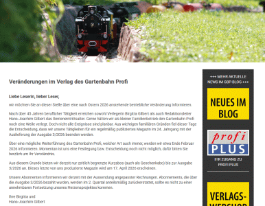 Der GARTENBAHN profi internationales Magazin f�r gro�e Modellbahnen&nbsp;wird im April 2026 neu geregelt. 