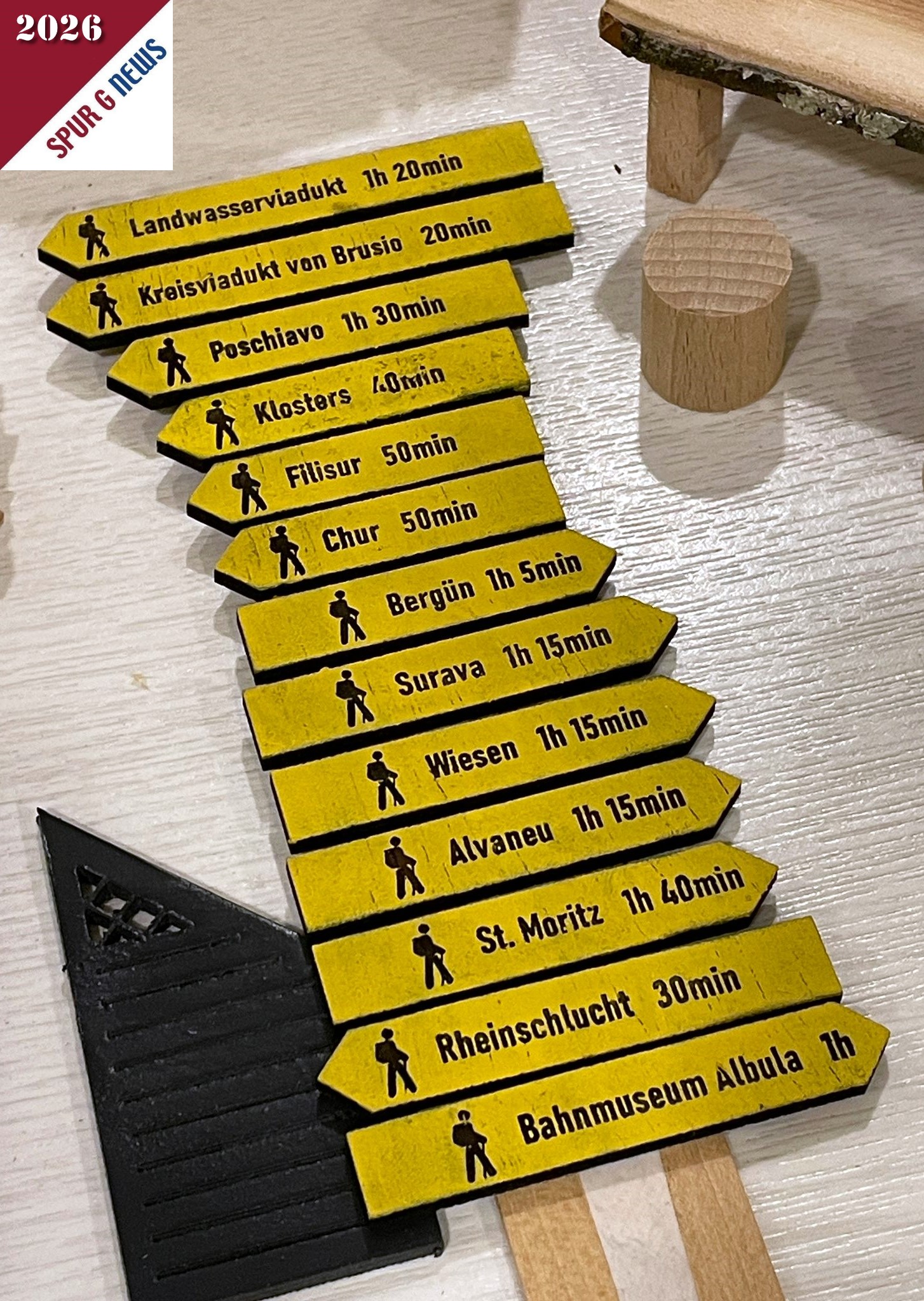 Ein Wegweiser f�r die RhB Anlage mit vorz�glicher Beschriftung zu verschiedenen Punkten der RhB wurde in der Ausstellung gezeigt. 