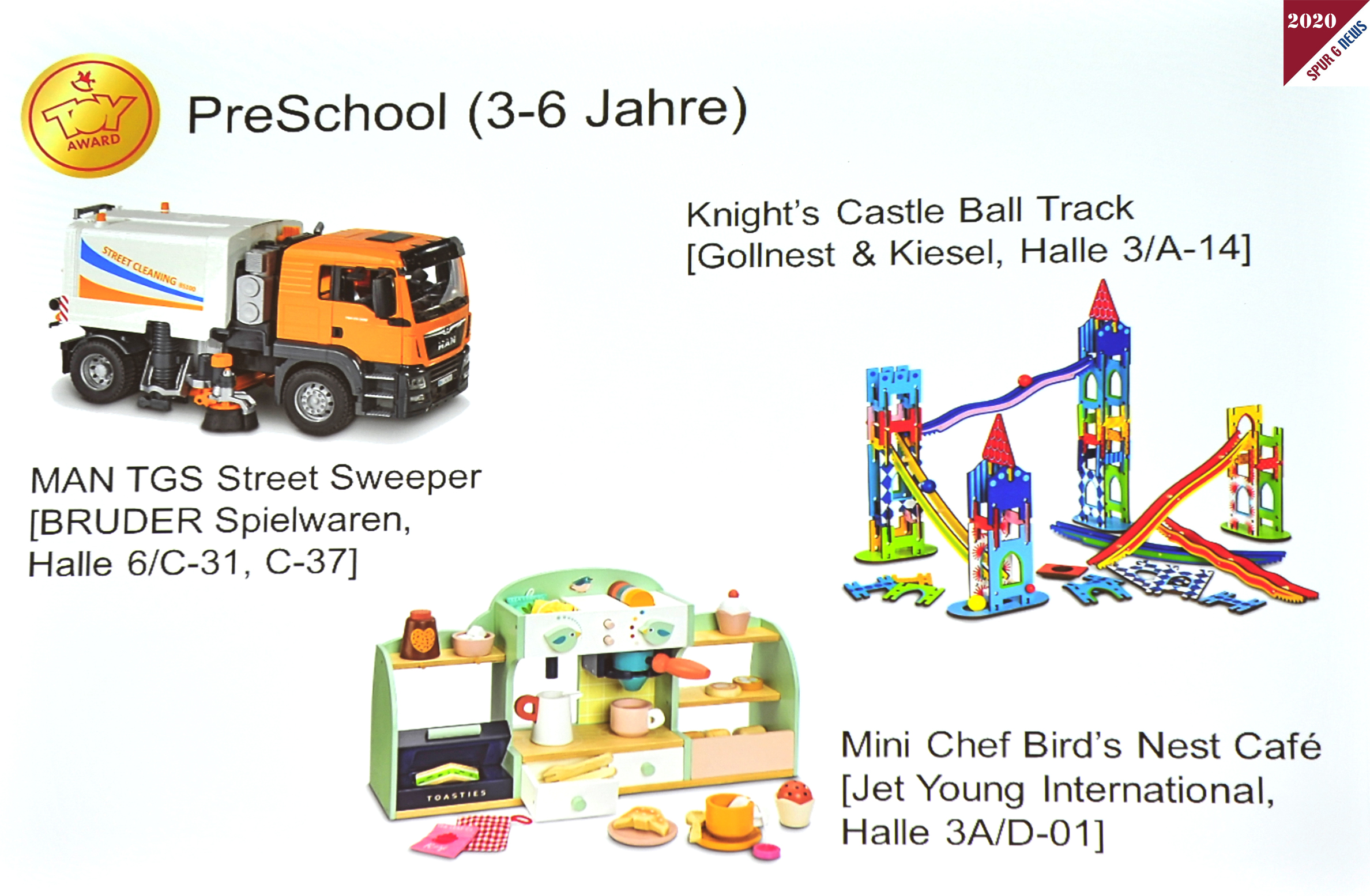 Toy Award 2020 - Pre School 3-6 Jahre, MAN TGS Street Sweeper, Knight's Castle Ball Track, Mini Che Bird's Nest Caf