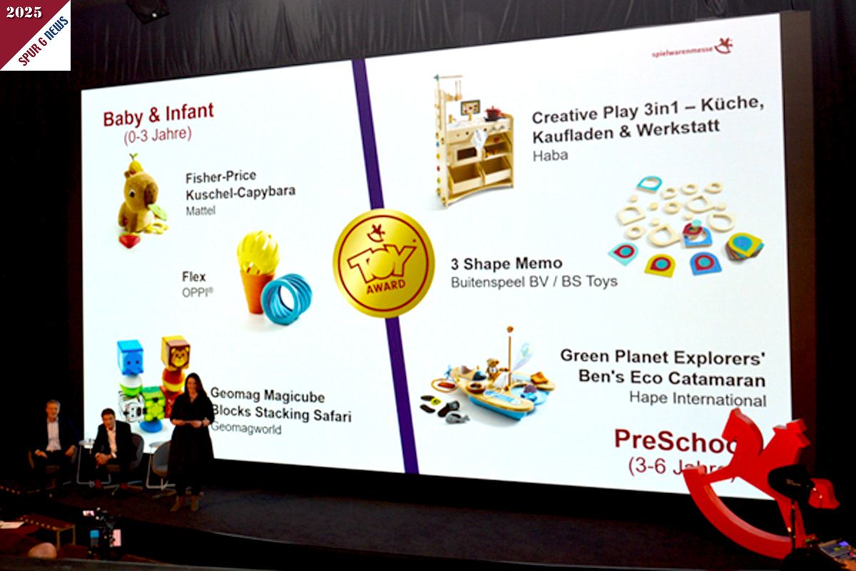 Im Einzelnen wurden die ToyAward 2025 - links im Bild Baby und Infant und Pre Scool - in den bersichten auf der Kinoleinwand vorgesellt. 