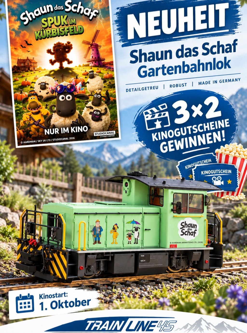 Am 1. Oktober 2026 ist der KINOstart vom Film Shaun das Schaf - Spuk im Kr�bisfeld. TRAINE LINE 45 verlost hier 3 x 2 Kinogutscheine. Aktion l�uft bis 10.10.2026. 