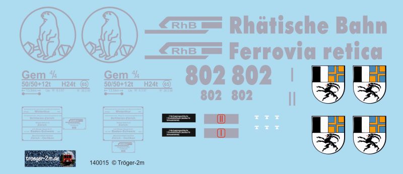 Troeger Art. Nr. 140010 - Neuheit 2025 - Beschriftungssatz fr Bernina E-Lok Gem 4/4 802 (Murmeli) der Rhtischen Bahn, RhB