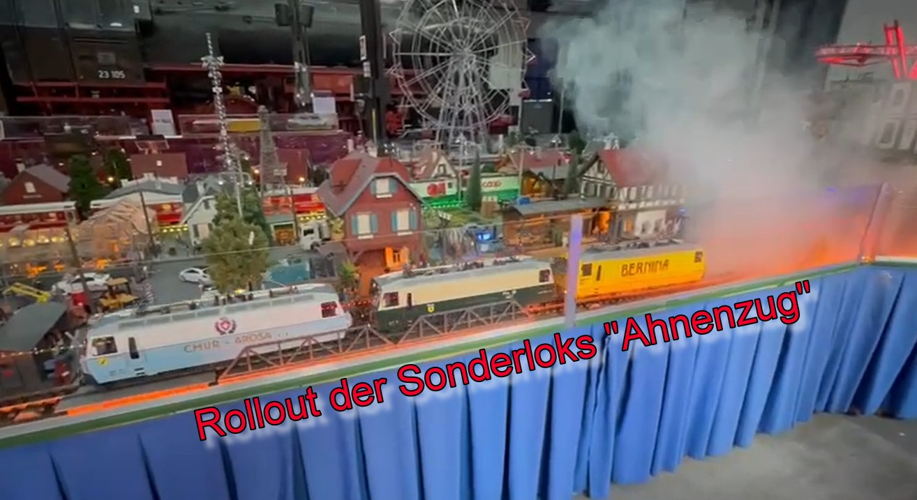 Bevor nun der Bahnpark Augsburg im Herbst aus den Hallen soll gab es ein neues Rollout von drei Lokomotiven. An den Ahnenzug angelehnt hat Herr Drexler drei Ge 4/4 III in der AROSA Linie, der ursprnglichen grn-beigen RhB Linie und der gelben Bernina Bahn, lackieren lassen. 