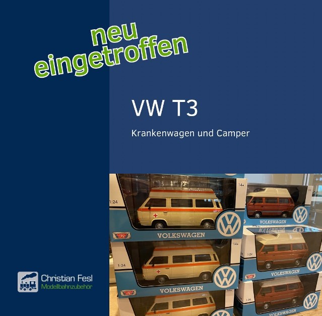 VW T 3 - Krankenwagen und Camper - neu eingetroffen. Mehr unter: Christian Fesl Modellbahnzubehör - Ausgestaltung (gartenbahn45.de
