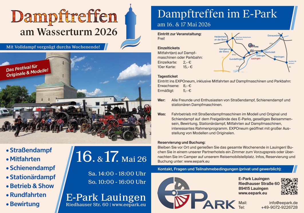 Dampftreffen am Wasserturm im E-Park in Lauingen am 16 und 17. Mai 2026