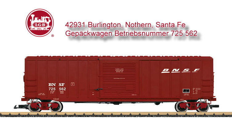 LGB Art. Nr. 42931 Modell eines gedeckten Gterwagens der BNSF (Burlington Northern and Santa Fe Railroad). Originalgetreue Farbgebung und Beschriftung der Epoche V. Viele angesetzte Details, seitliche Schiebetren zum ffnen. Metallradstze. Lnge ber Kupplung 57 cm.