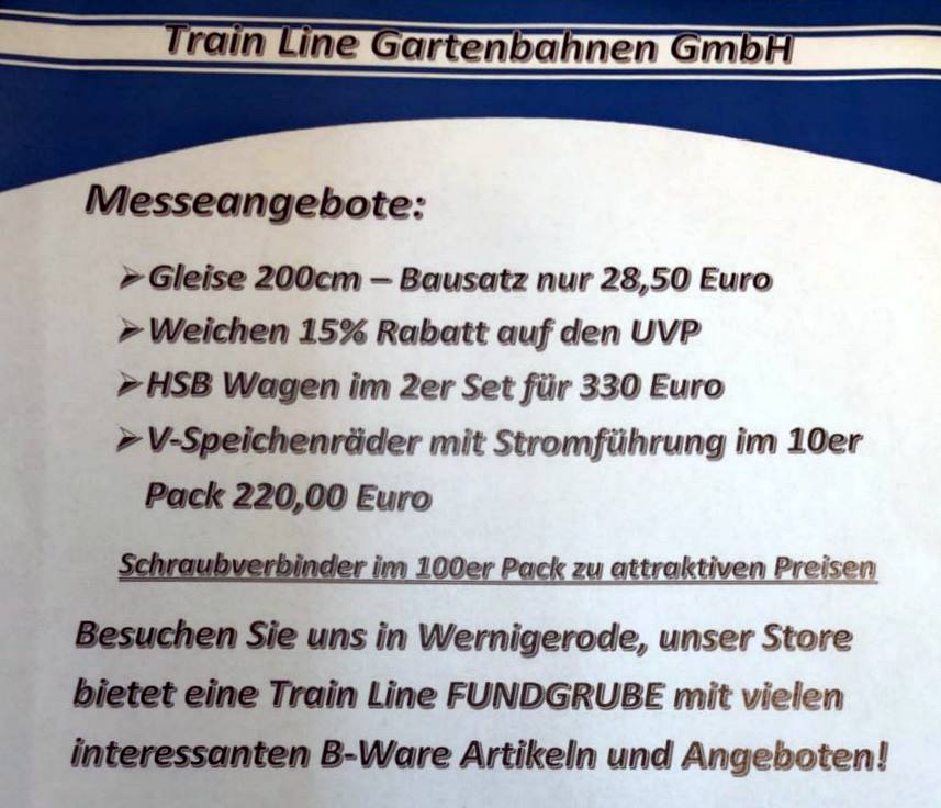Auf der Messe hat Mike Schrder von Train Line Gartenbahnen GmbH Angebote an Schienen bereit. Auch Weichen, Speichenrder und HSB Wagen werden zu Sonderpreisen verkauft. 