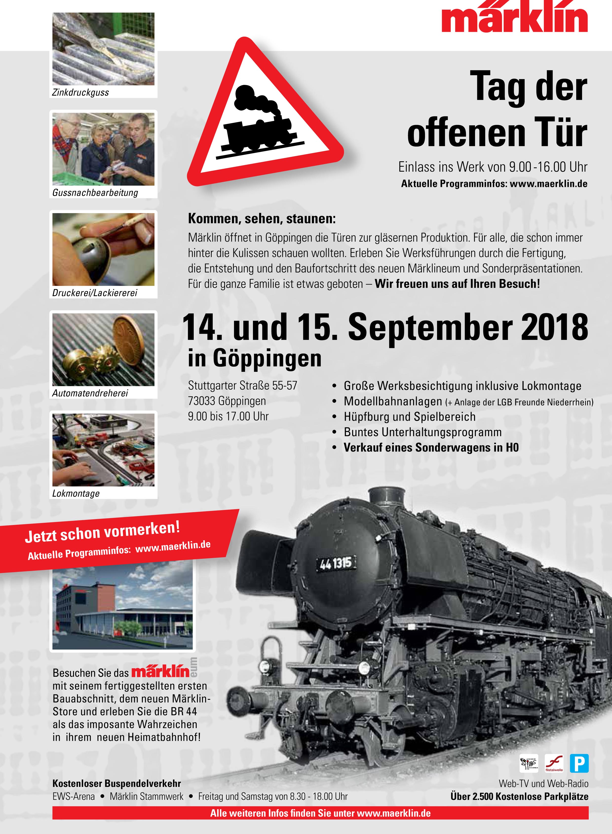Tag der offenen Tr bei Mrklin im Werk Gppingen. Am Freitag, den 14. und Samstag, den 15. September 2018, jeweils von 09 bis 16 Uhr. 
