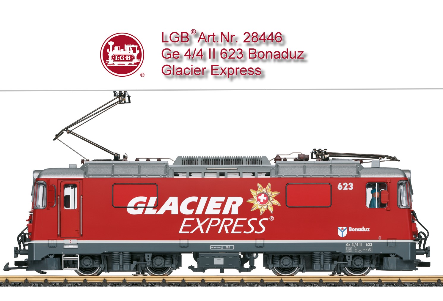 LGB Art. Nr. 28446, UVP: 999,99 EUR ,   Elektrolokomotive Ge 4/4 II Glacier Express Elektrolokomotive Ge 4/4 II Nr. 623 Bonaduz der Rhtischen Bahn, in einer speziellen Gestaltung fr den Glacier Express. Originalgetreue Farbgebung und Beschriftung der Epoche VI. Alle 4 Radstze von zwei leistungsstarken kugelgelagerten Bhler-Motoren angetrieben. Ausgerstet mit einem mfx/DCC-Decoder mit vielen Licht- und Soundfunktionen. Dachstromabnehmer motorisch angetrieben, digital schaltbar. Fahrgerusch auch im Analogbetrieb funktionsfhig